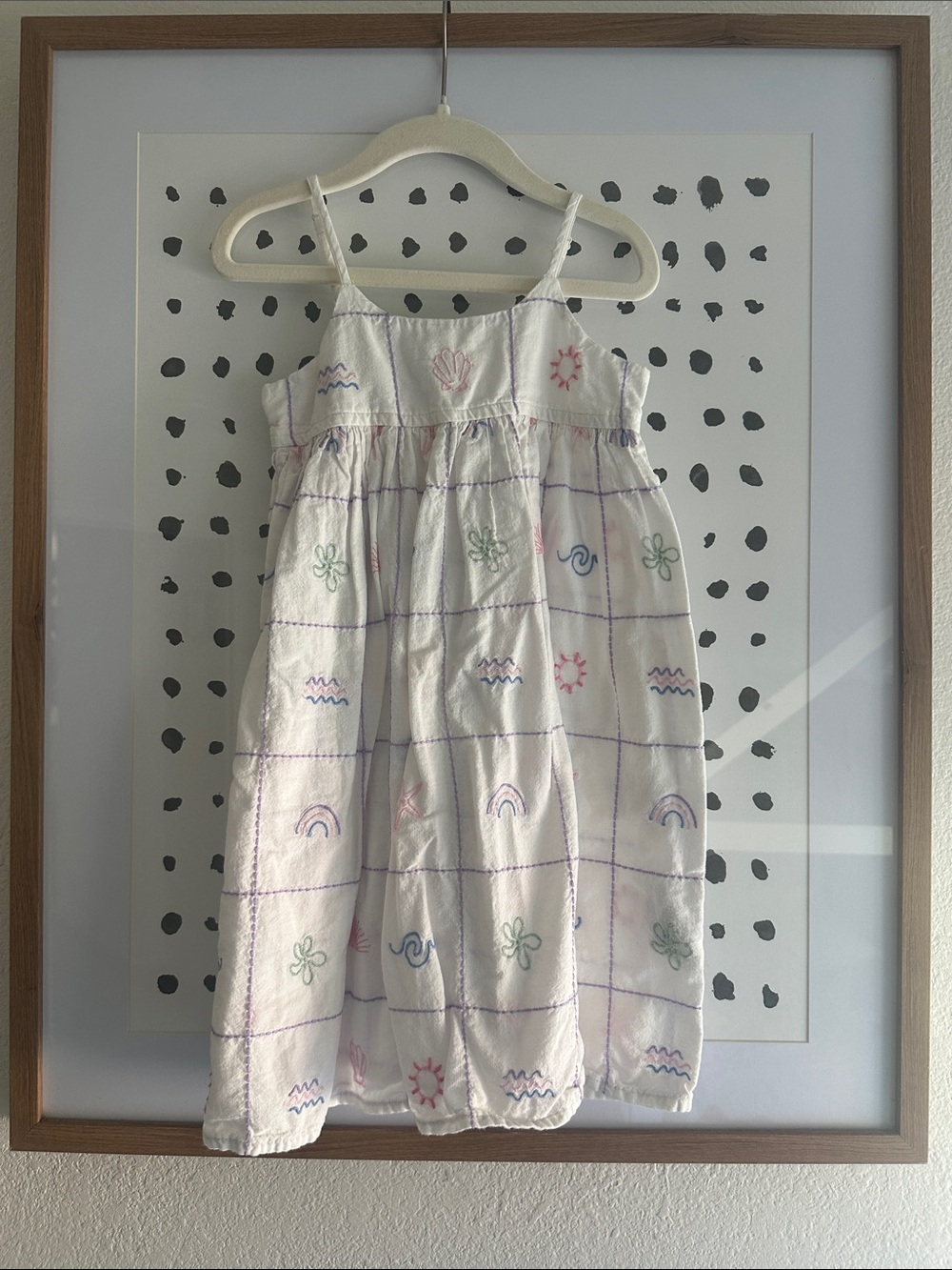 Girls' White Grid Embroidered Sundress - Casual Kids Dress